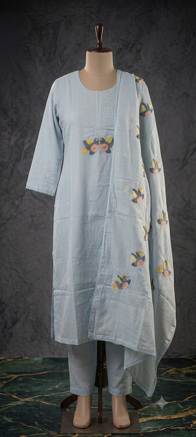 Powder Blue Kota Dress with Bead Work & Bird Embroidery Dupatta [VK15]