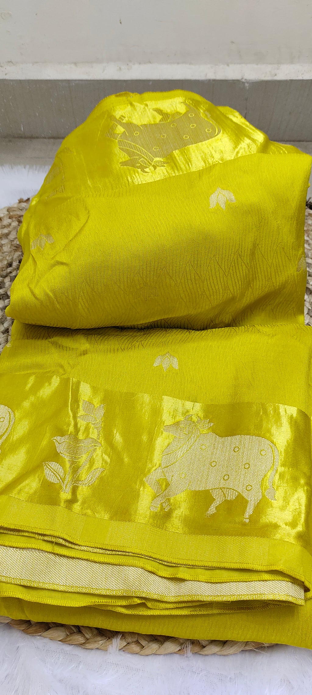 Raw Mango Yellow Banarasi Saree with Satin Silk Border and Cow Motifs [VS09]