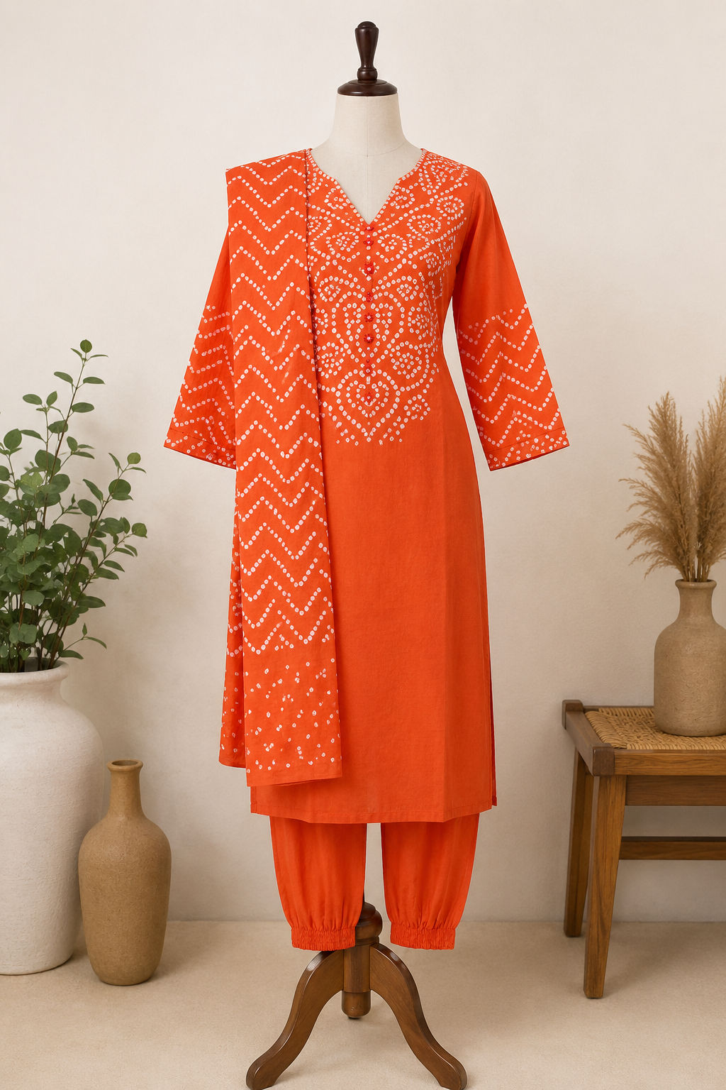 Orange Bandhani Print 3-Piece Kurta Set with Mirror Work [VK01]