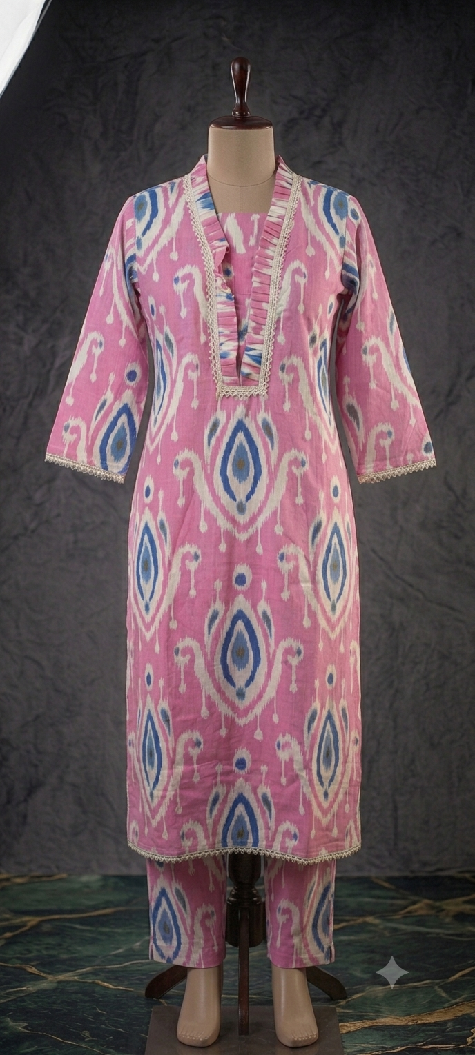 Pink Pochampally Print Cotton Kurta Set [VK14]