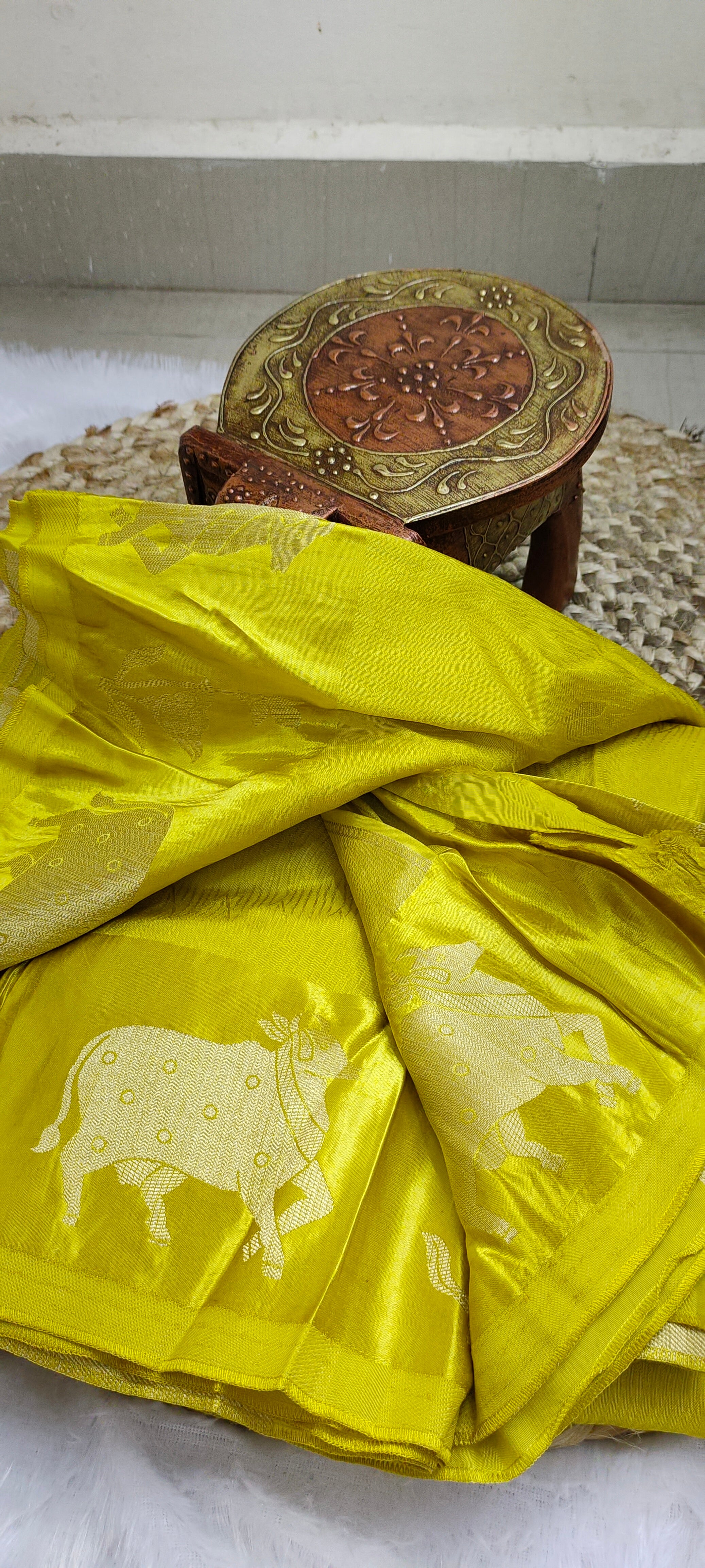 Raw Mango Yellow Banarasi Saree with Satin Silk Border and Cow Motifs [VS09]