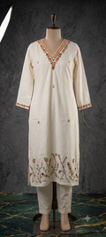 Cream Cotton-Silk Co-ord Kurta Set with Hand Embroidery