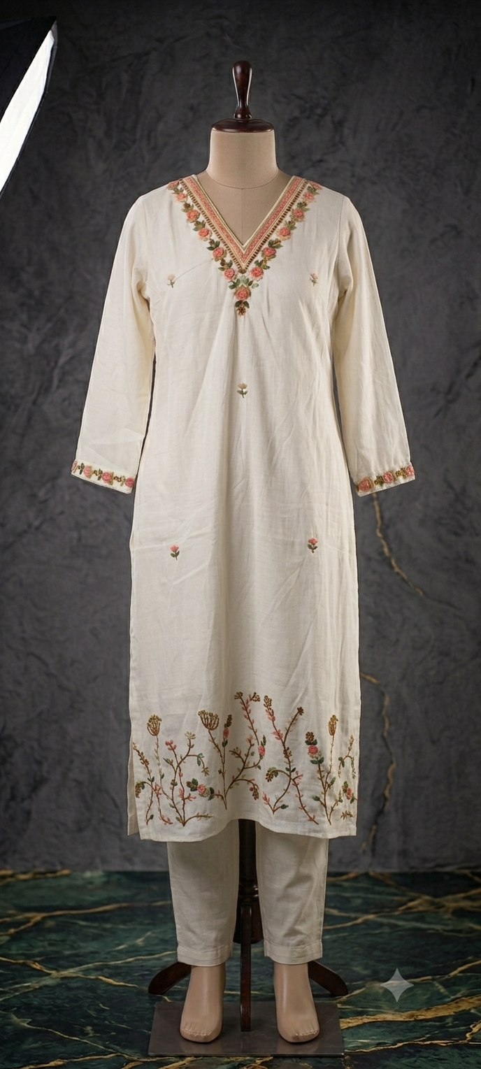 Cream Cotton-Silk Co-ord Kurta Set with Hand Embroidery
