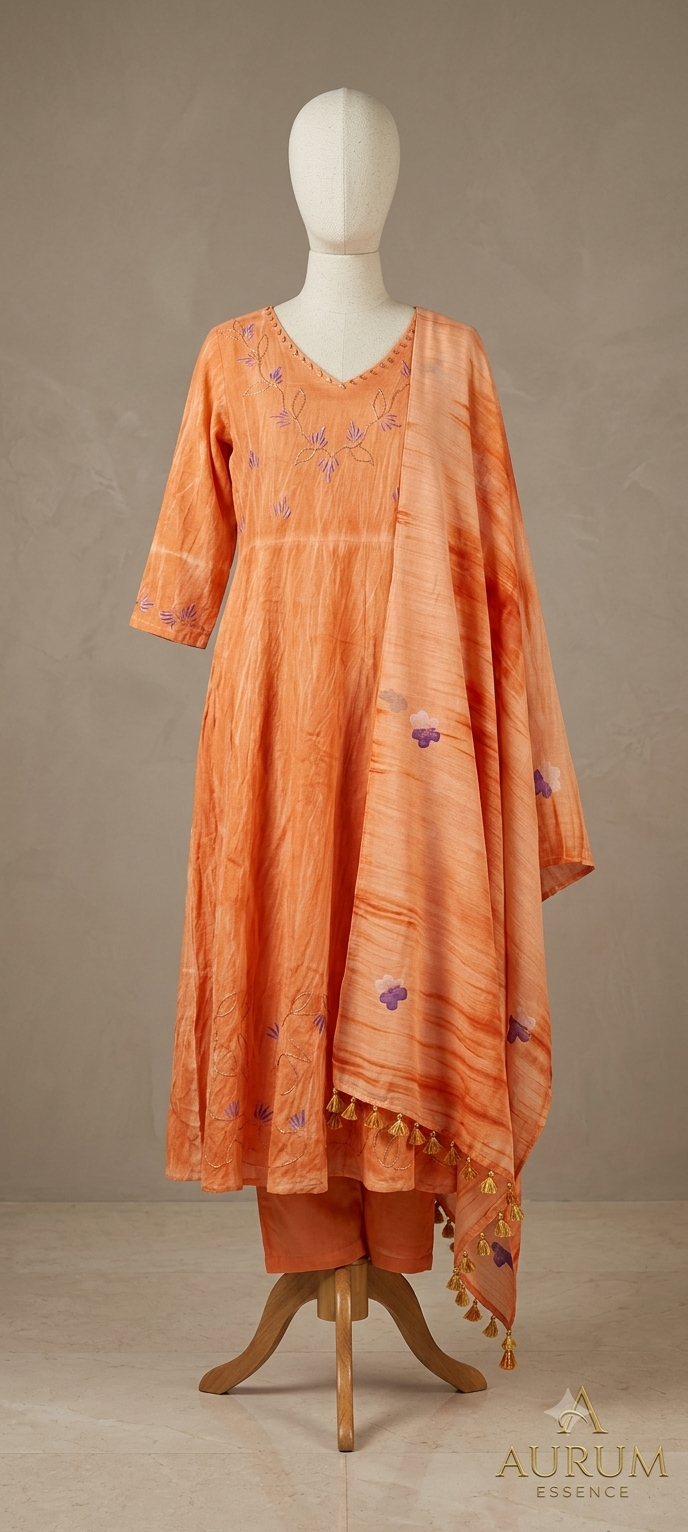 Orange Hand-Painted Tie-Dye Kurta Set with Tassels [VK07]