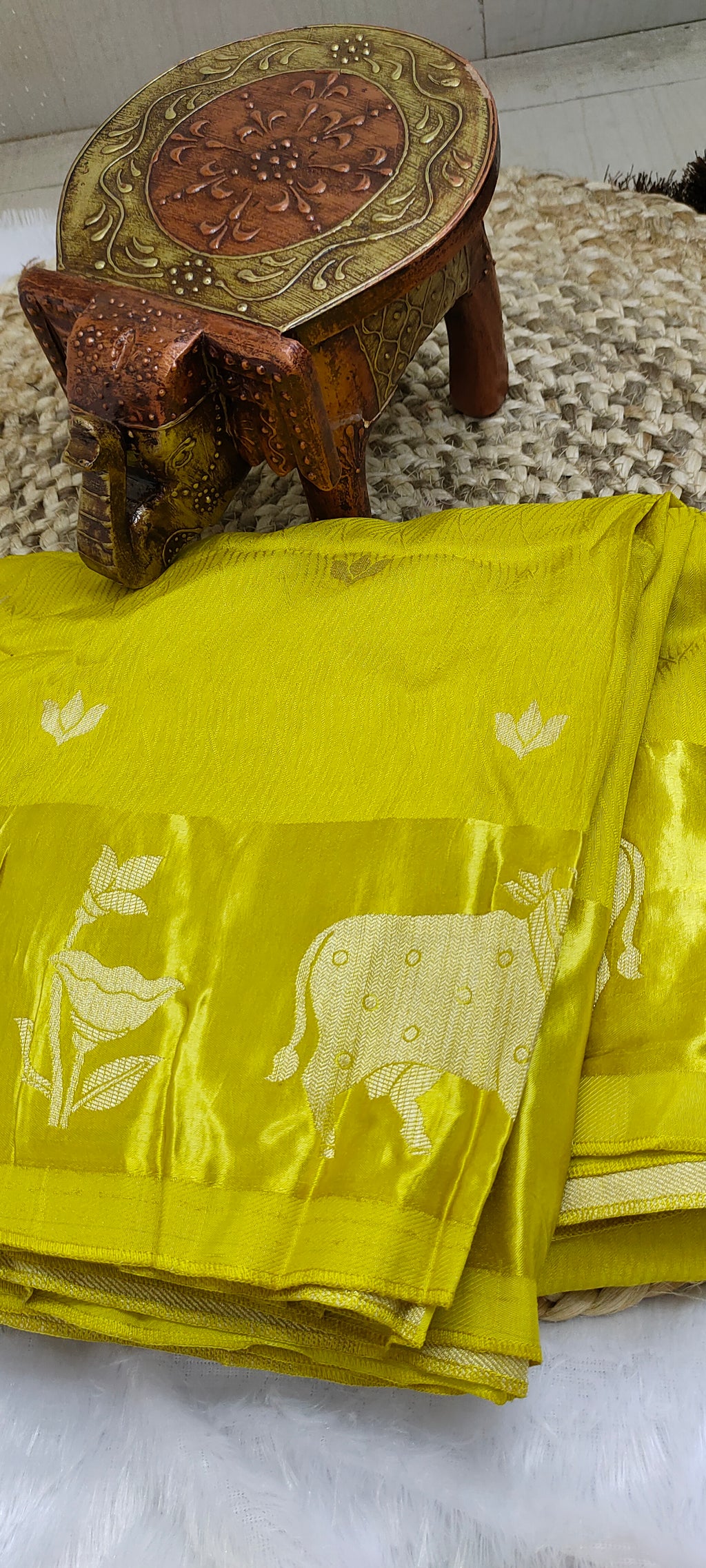 Raw Mango Yellow Banarasi Saree with Satin Silk Border and Cow Motifs [VS09]
