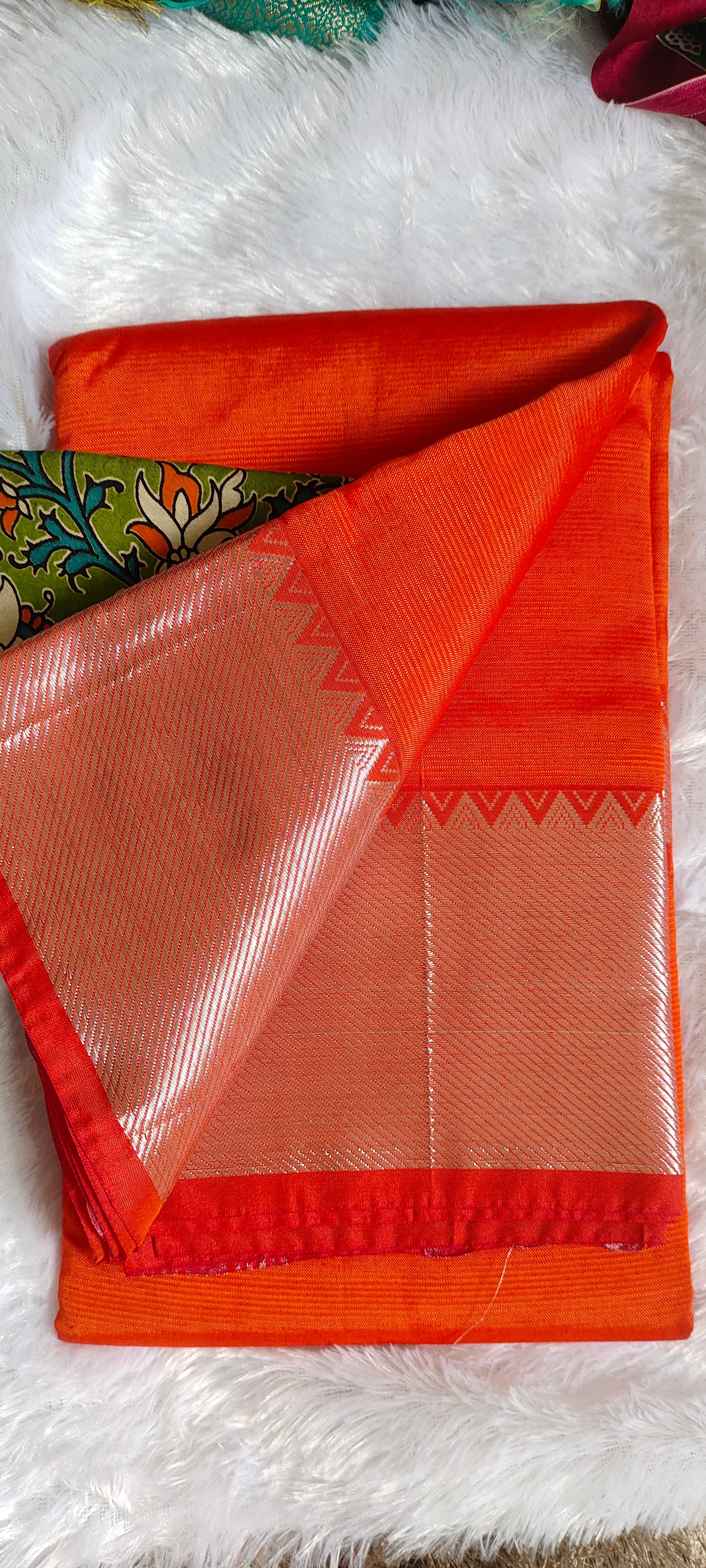 Orange Mangalagiri Pattu Saree with Kanchi Silver Border