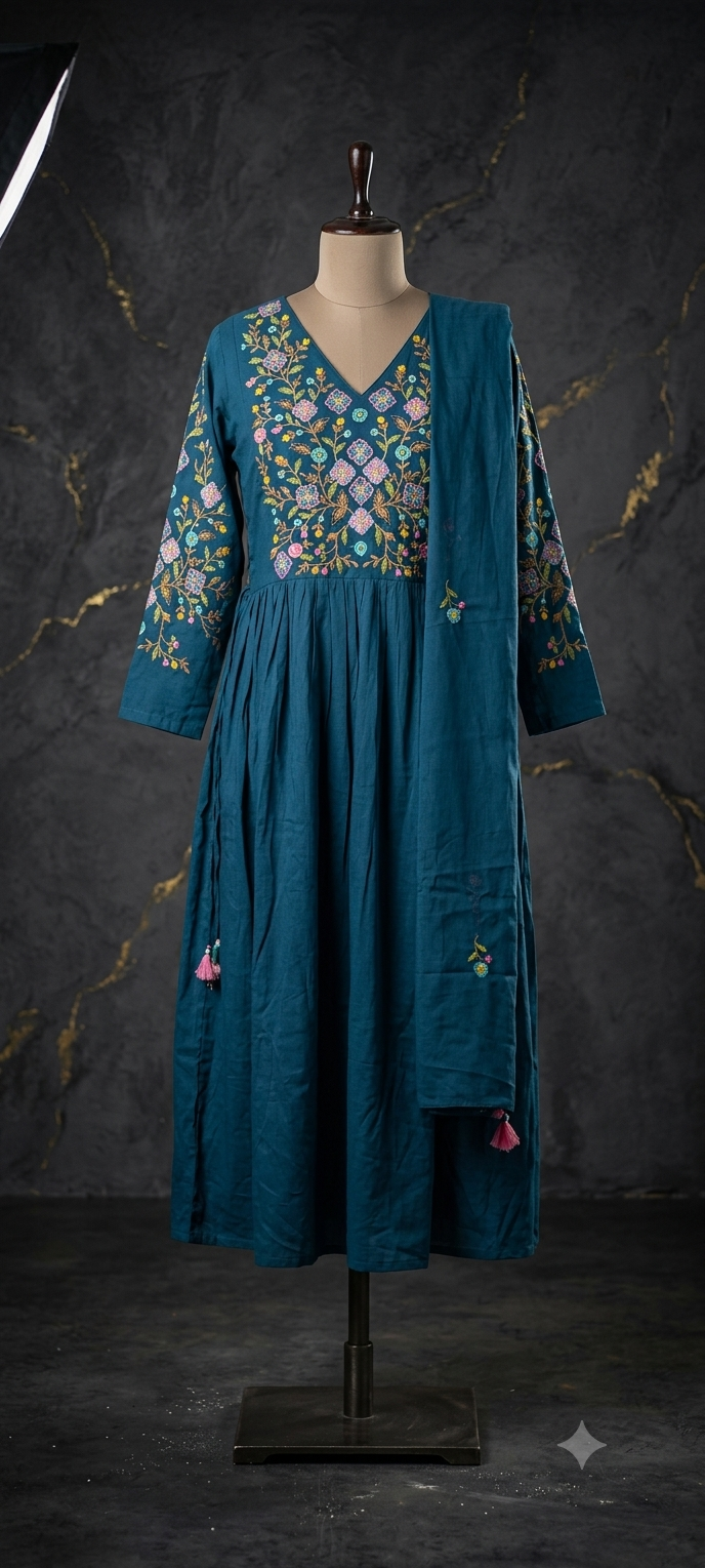 Teal Green Mul Cotton Kurta Set with Hand Tassels