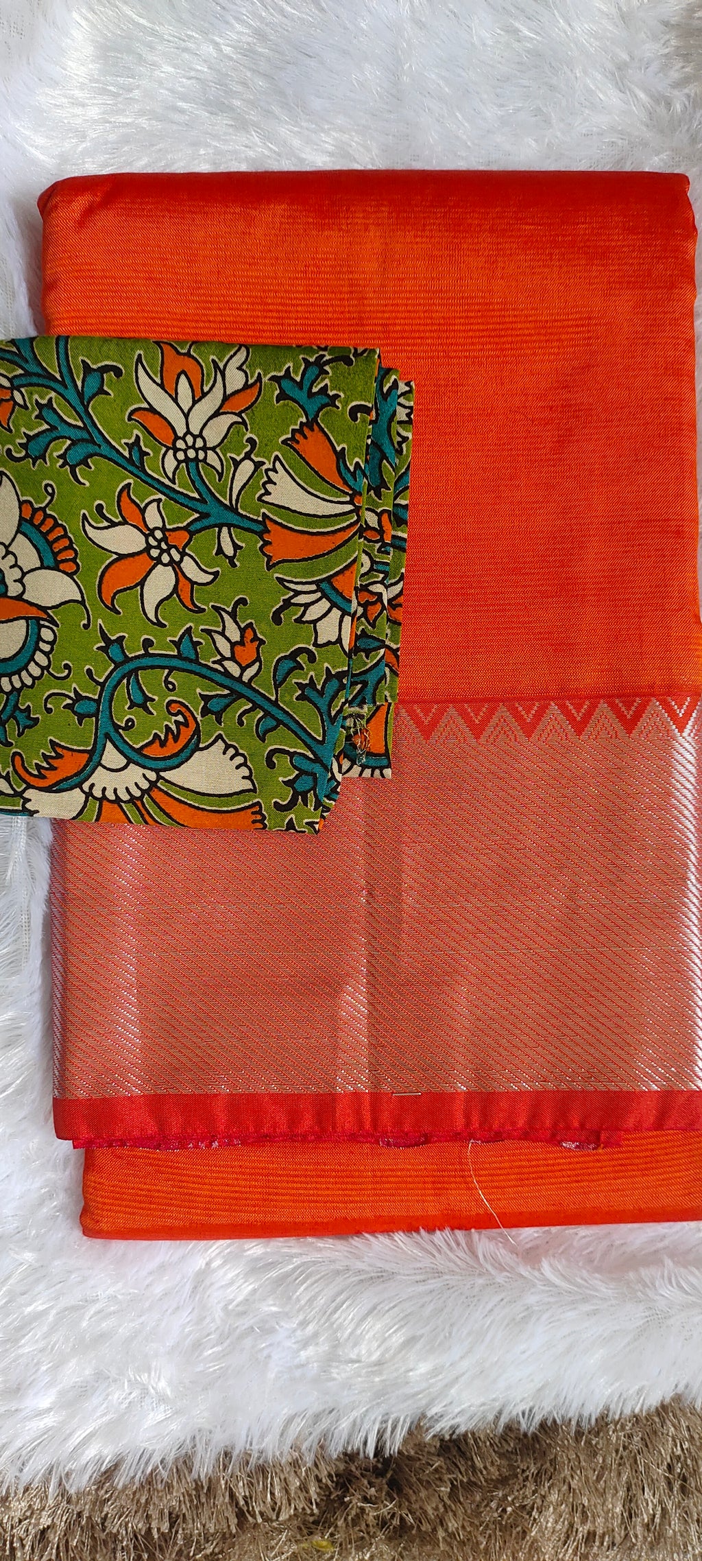 Orange Mangalagiri Pattu Saree with Kanchi Silver Border