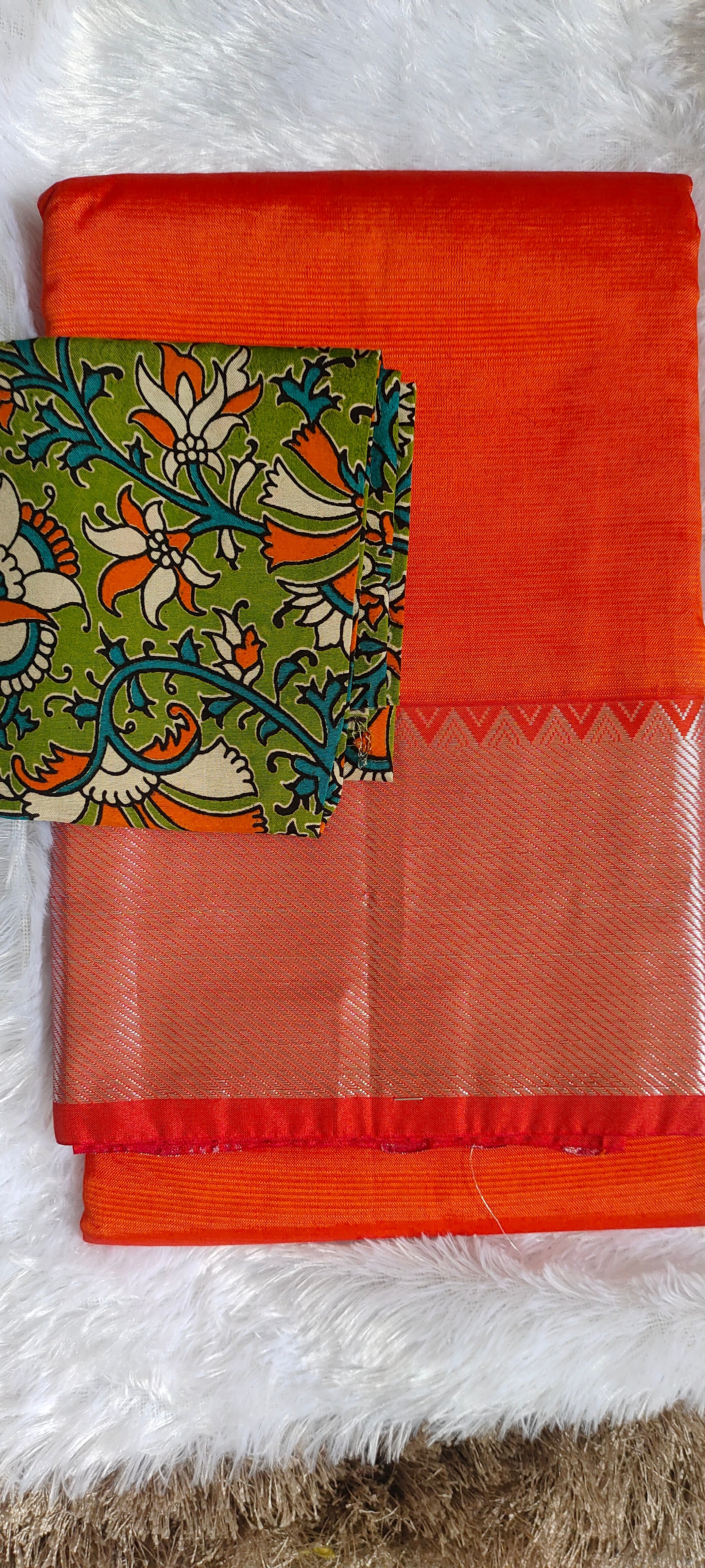 Orange Mangalagiri Pattu Saree with Kanchi Silver Border