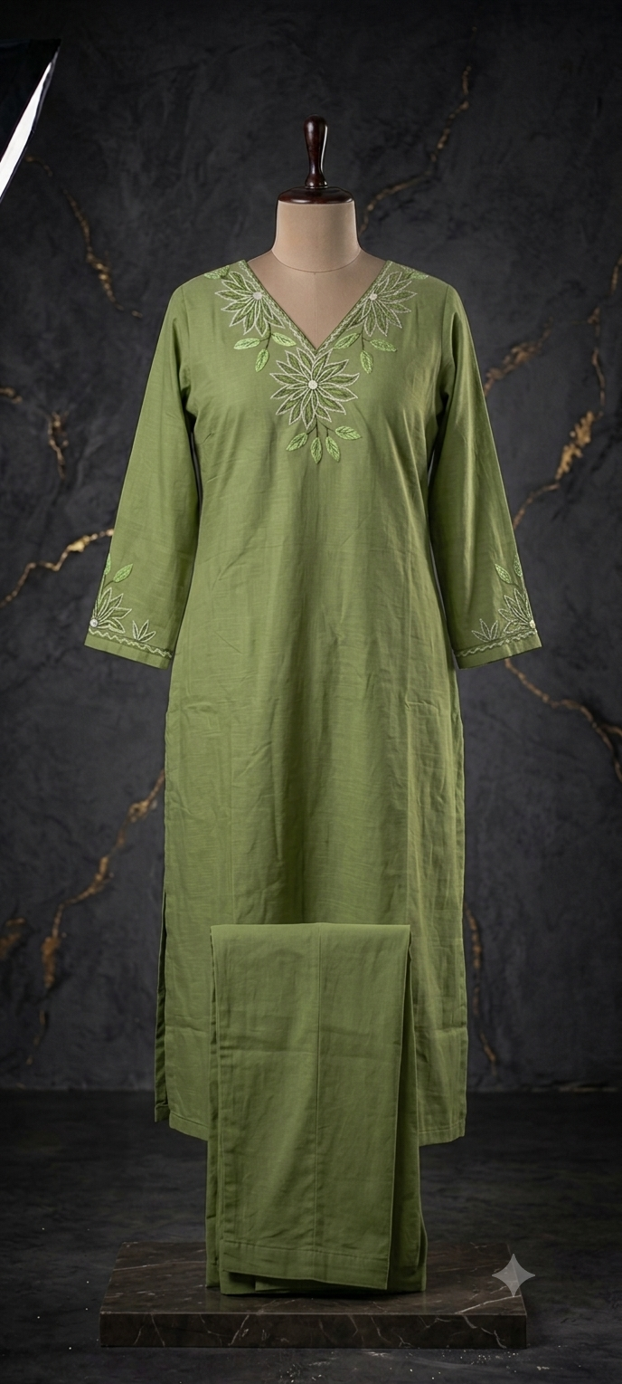 Green Cotton Co-ord Kurta Set with Embroidery