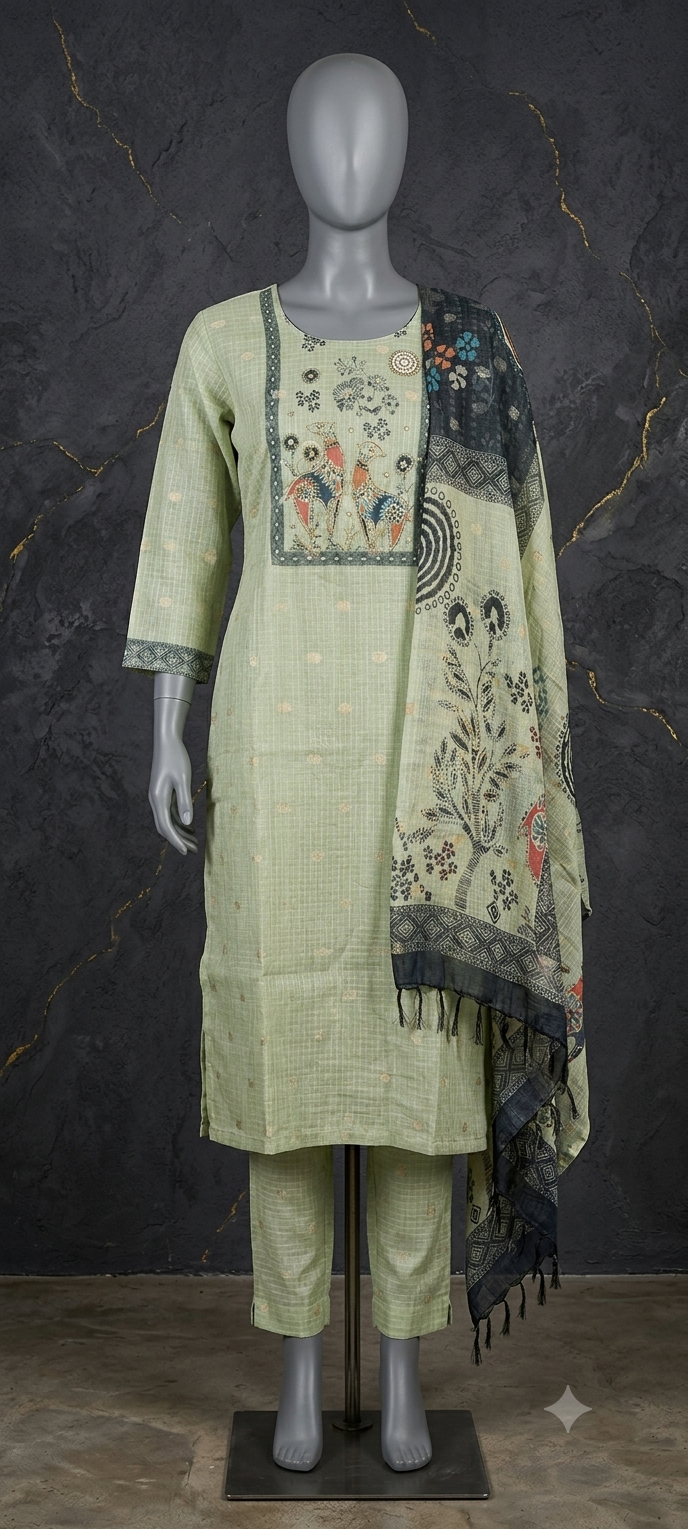 Light Green Kota Kurta Set with Golden Zari & Pearl Work [VK16]